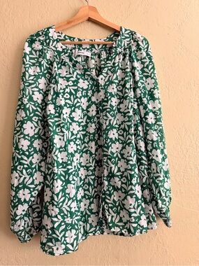 Sonoma Green and White Floral Peasant Blouse